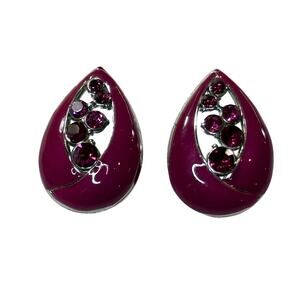 Vintage Magenta Teardrop Earrings | Enamel & Rhinestone Studs | Retro Glam